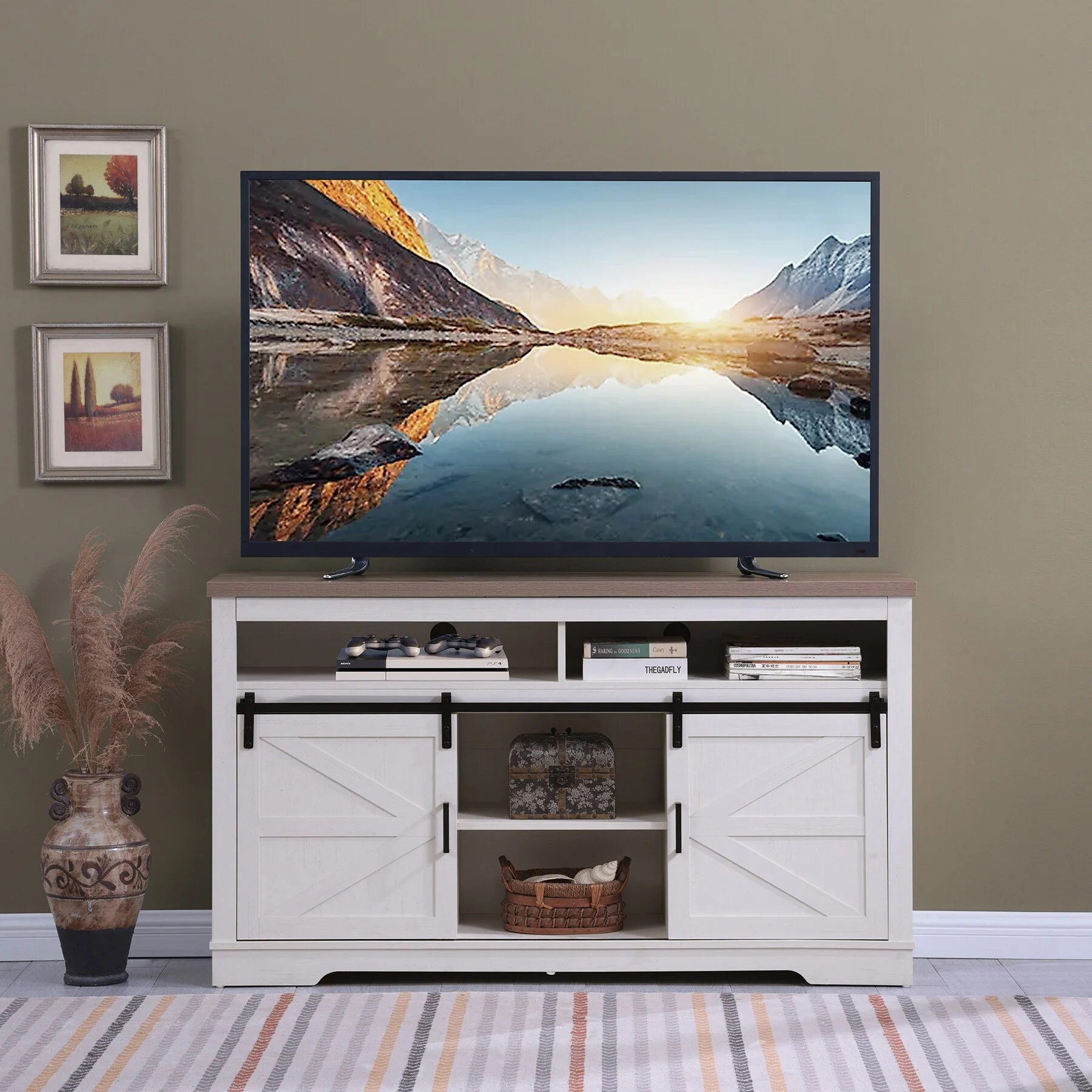 TV Stand Entertainment Center Console Barn Door Storage Cabinet