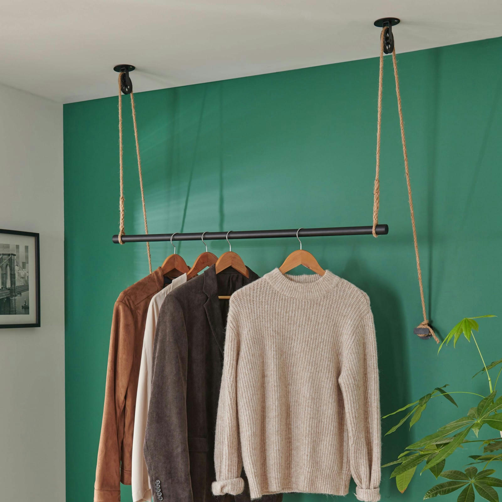 LANO - Penderie suspendue bois L100cm noir avec corde et poulie