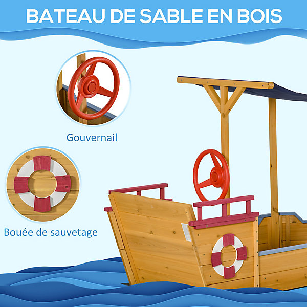 Bac à sable bateau de pirate en bois - voile d'ombrage, coffre rangement, gouvernail - bois sapin pré-huilé