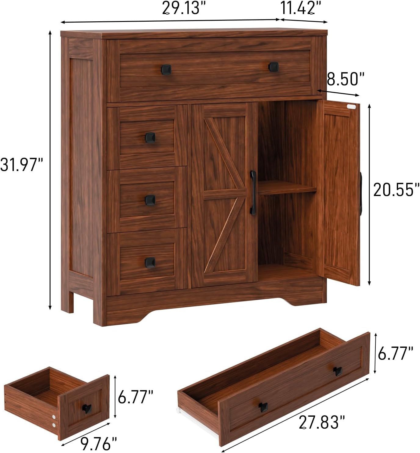 Vabches Farmhouse Storage Cabinet with 2 Doors and 4 Drawers, Freestanding Bathroom Storage Cabinet Kitchen Pantry, Floor Hutch Cupboard for Living Room/Bathroom/Kitchen,Walnut