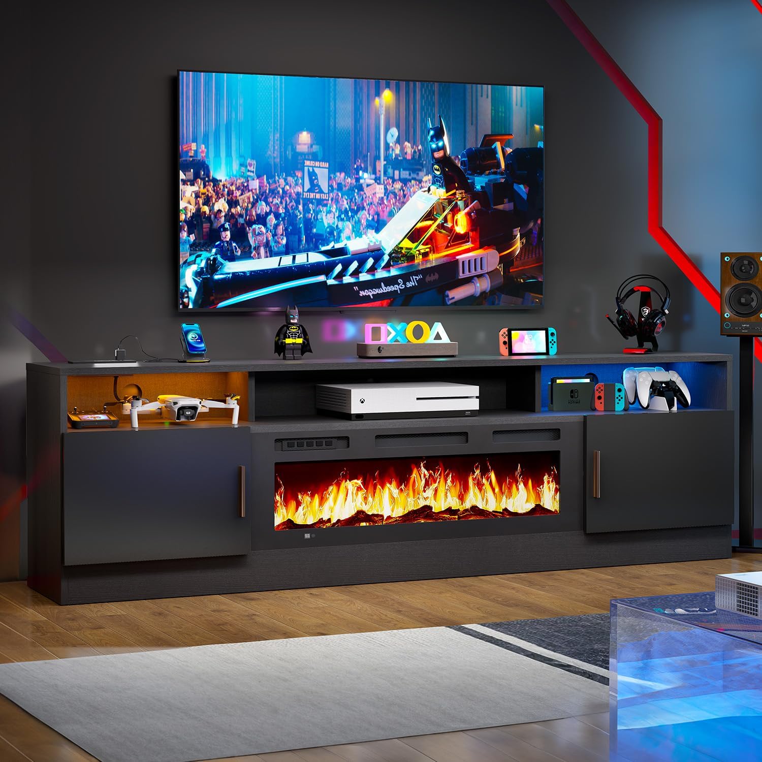 70 Fireplace TV Stand with Power Outlet for TVs UP to 80, Electric Fireplace Entertainment Center with LED Lights & Storage Cabinets, TV Console for Living Room, Office, Black-Black2