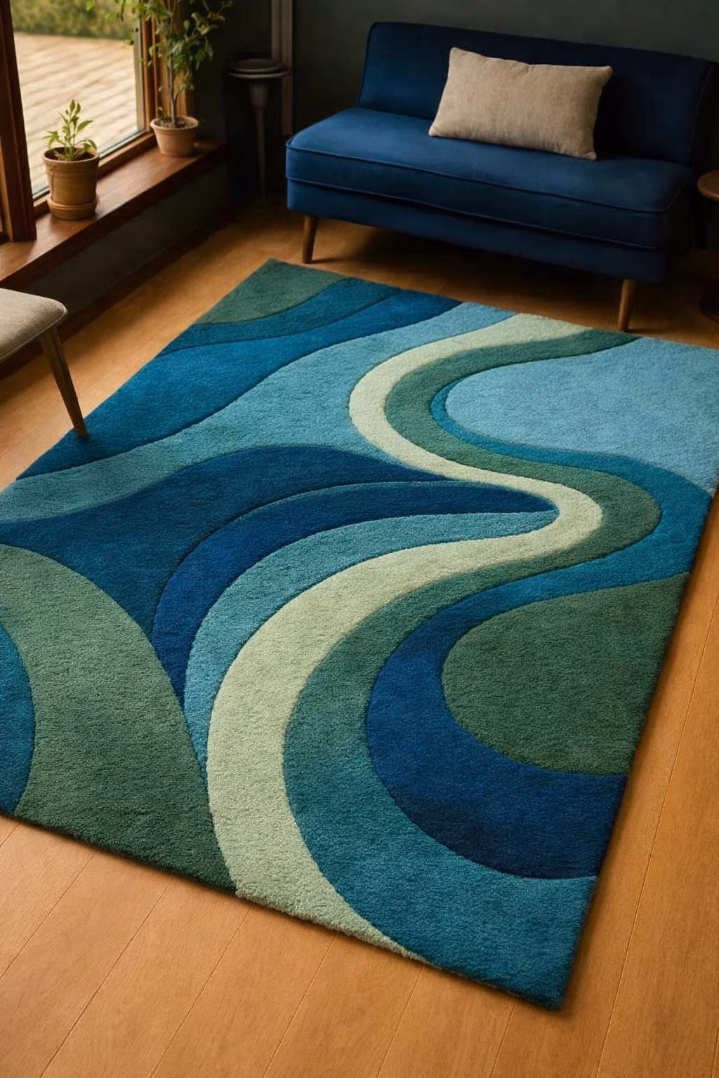 Modern Abstract Blue Green Area Rug, Wavy Pattern Living Room Rug, Teal Contemporary Carpet