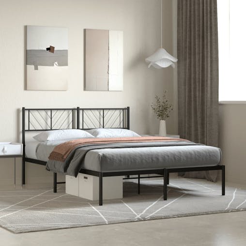 NNEVL Metal Bed Frame with Headboard Black 150x200 cm