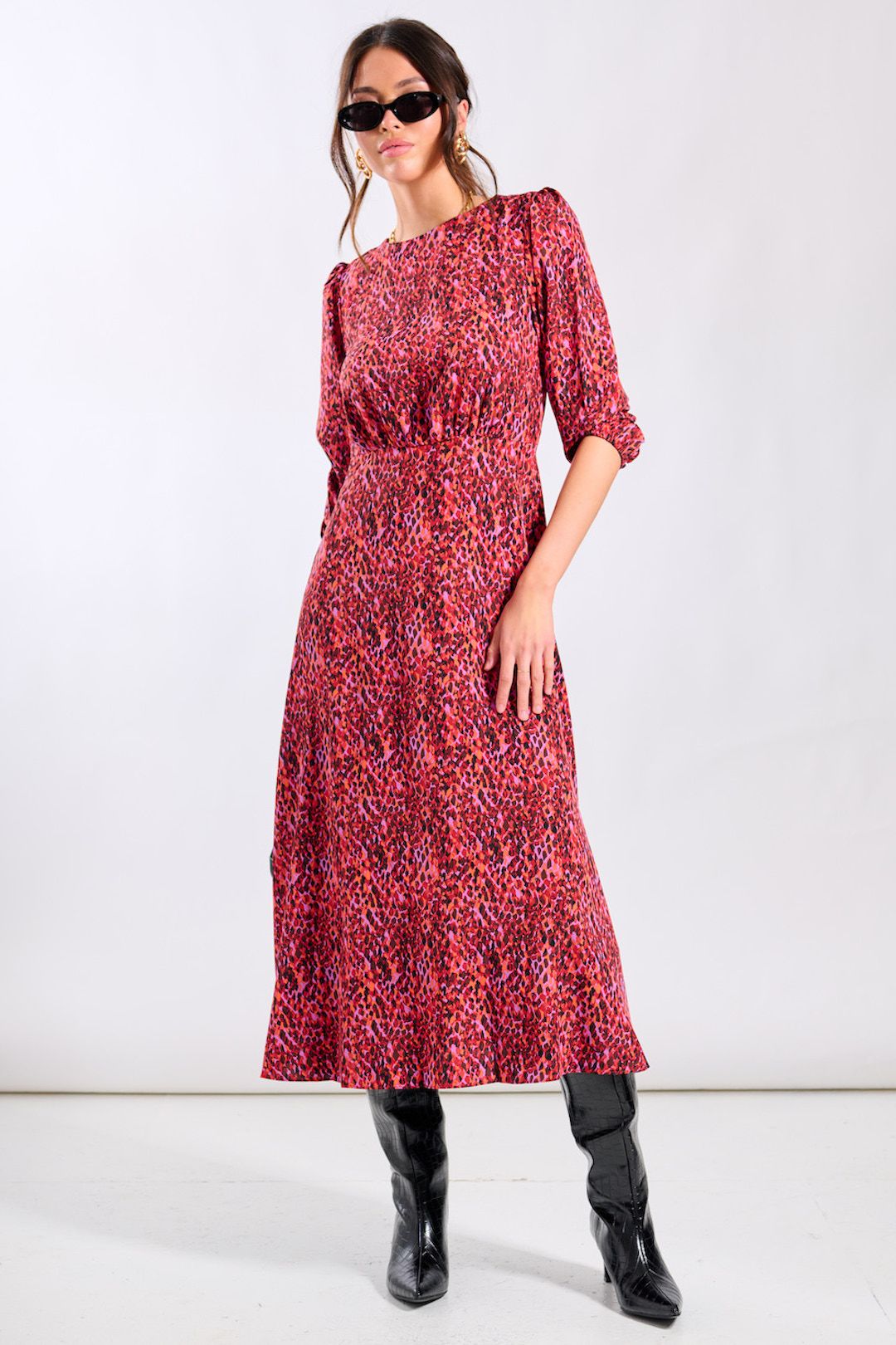 Needs No Label Red Animal 3/4 Sleeve Midi Dress
