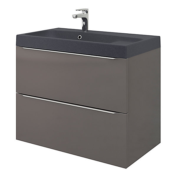 Meuble vasque suspendu gris brillant l.80 cm Imandra   plan vasque noir résine Mila, GoodHome