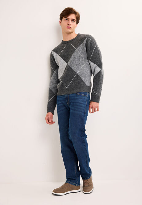 Mens Grey Argyle Wool Blend Jumper