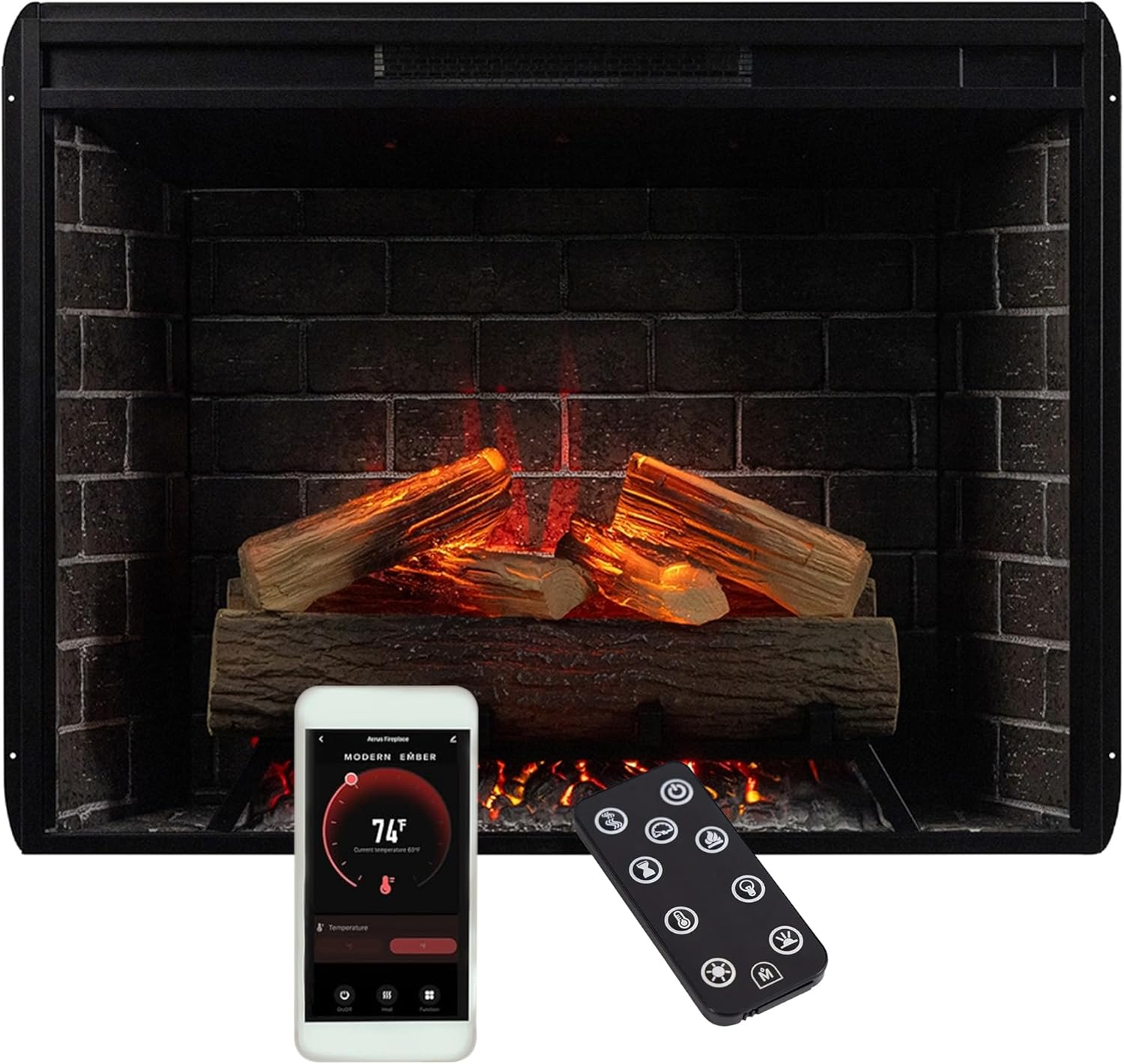 Modern Ember Uptown 33 Smart Electric Fireplace Insert with Remote Control, Compatible with Alexa - 1,000 Sq Ft Electric Heater with Realistic Flames and Log Set