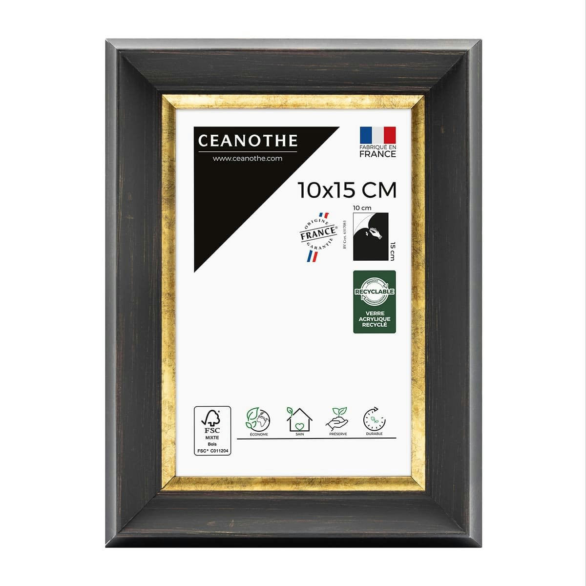 PANDORE - Cadre photo noir et finition doré 10x15 cm résine recyclée