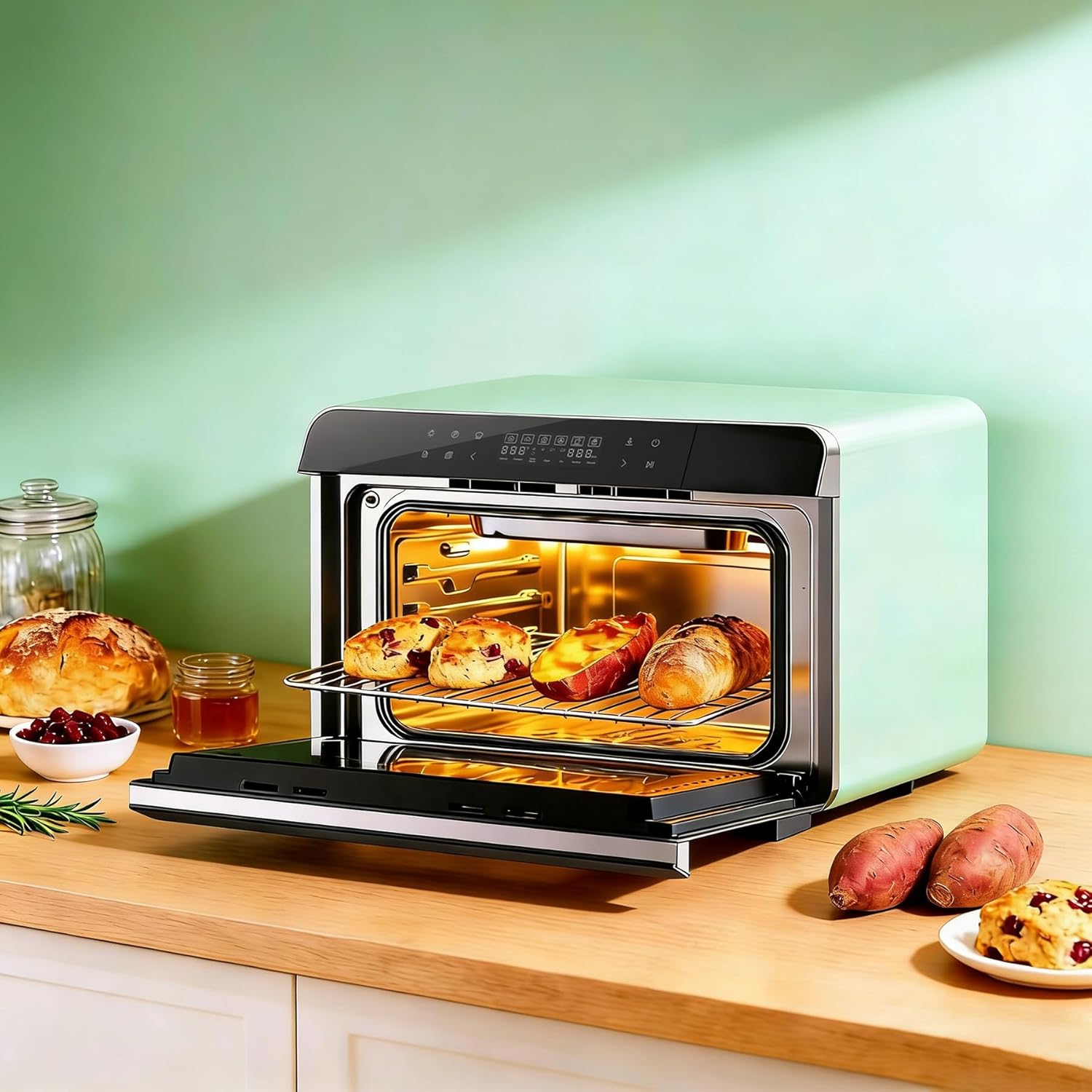 ROBAM Toaster Air Fryer Combi Oven, Countertop Steam Oven 20-in-1 with Convection Steam Roast & Bake, Multi-Stage Cooking, Self-Clean, 7 Modes, 30 Built-In Recipes, for Kitchen Pizza Baking (Green)