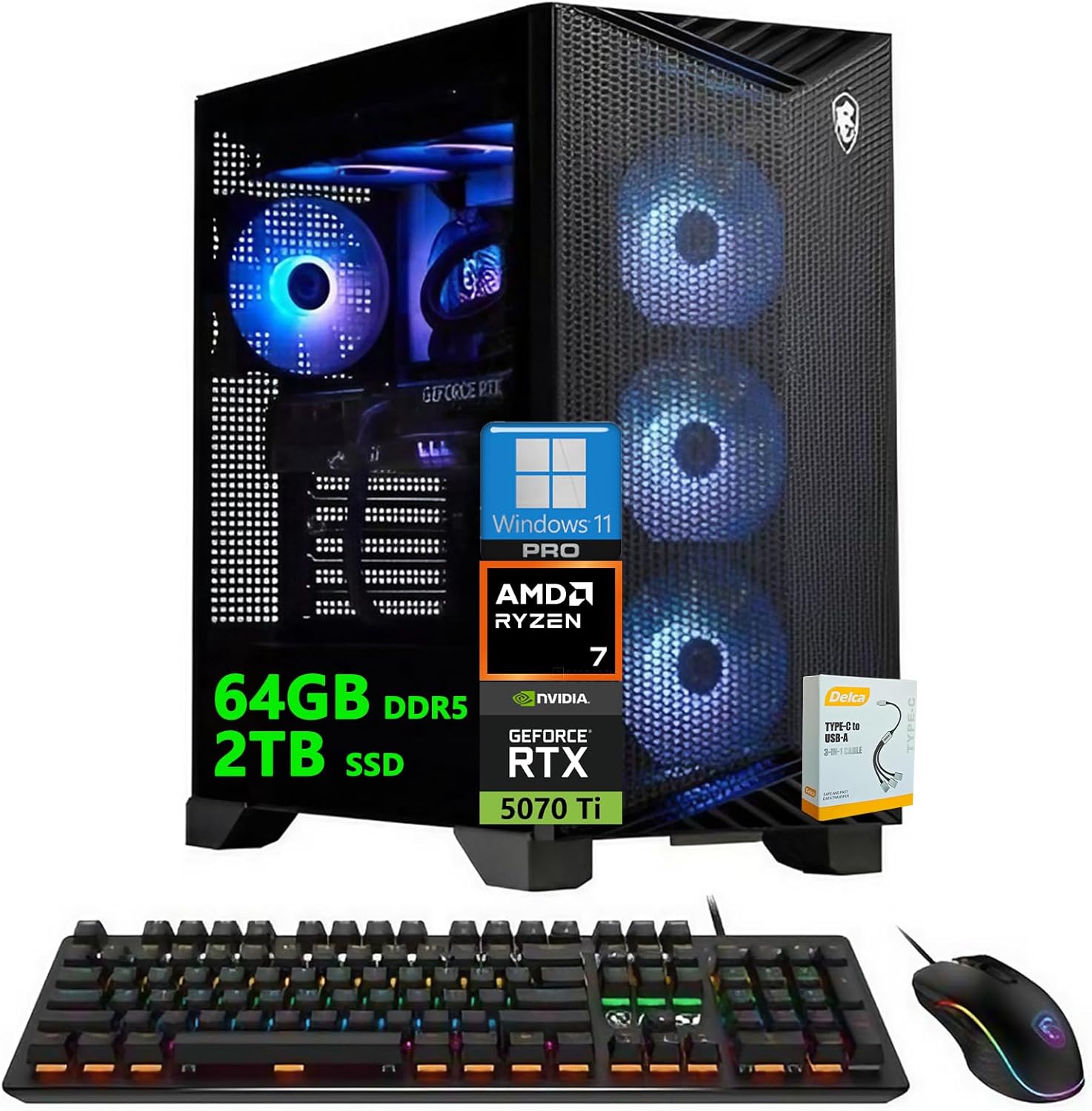 msi Aegis ZS2 AI Gaming Desktop | AMD 8-Core Zen 5 Ryzen 7 9700X | 64GB DDR5 2TB SSD | NVIDIA GeForce RTX 5070 Ti 16GB GDDR7 DLSS4 (Up to 1406 AI Tops) | Liquid Cooling Win11 Pro w/DLCA Accessory