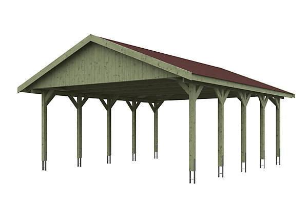 Carport SKAN HOLZ Wallgau 620 x 750 cm, imprégné vert, avec bardeaux rouge
