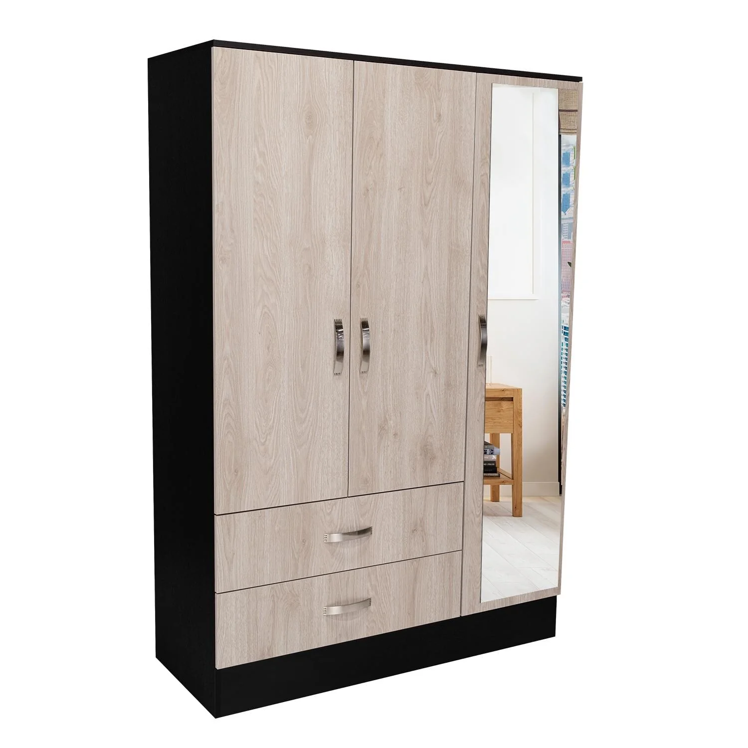 47.2 Modern Mirrored Armoire with Double Door, Five Interior Shelving Spaces and Two Drawers for Bedroom