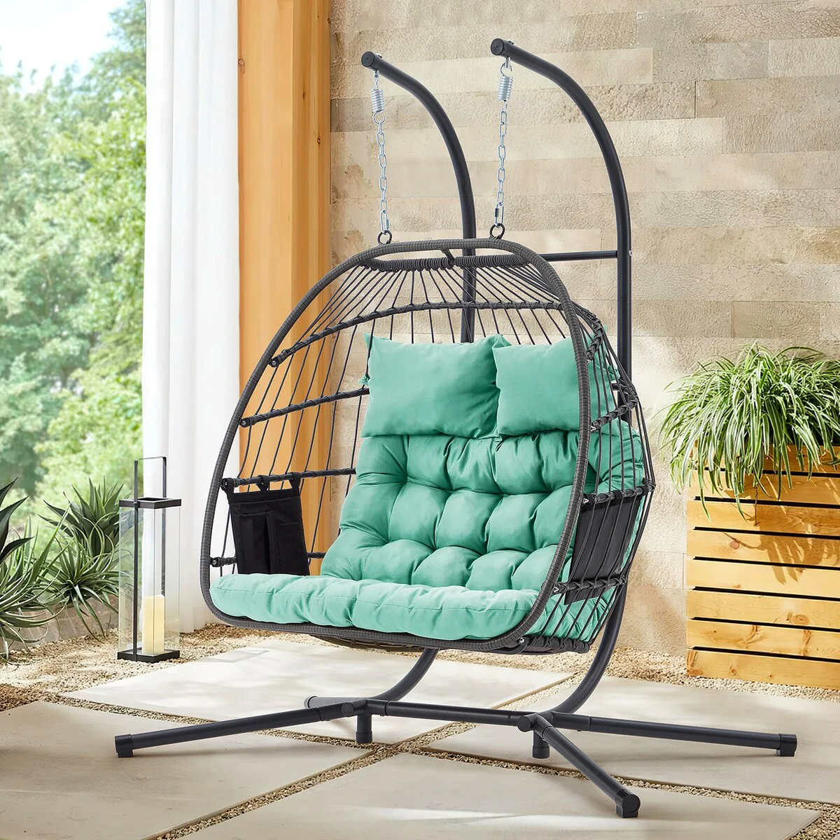 EROMMY Hanging Egg Chair with Stand, Portable Indoor/Outdoor Swinging Chair Featuring Cushion and Pillow, Wicker Swing,Blue