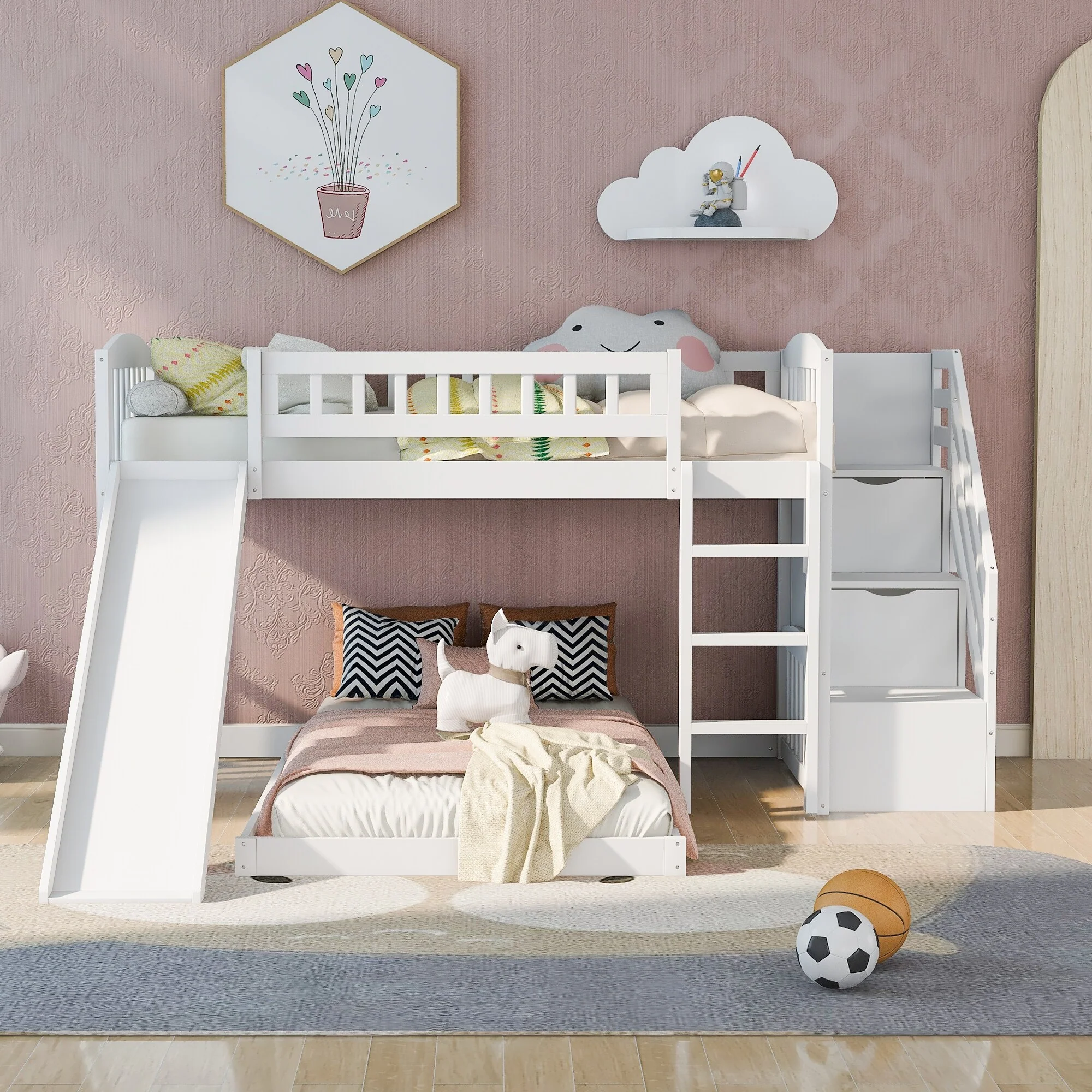 Roomfitters Stairway Twin Over Twin Bunk Bed with Slide and Built-In Storage, Compact Sleep Solution, White