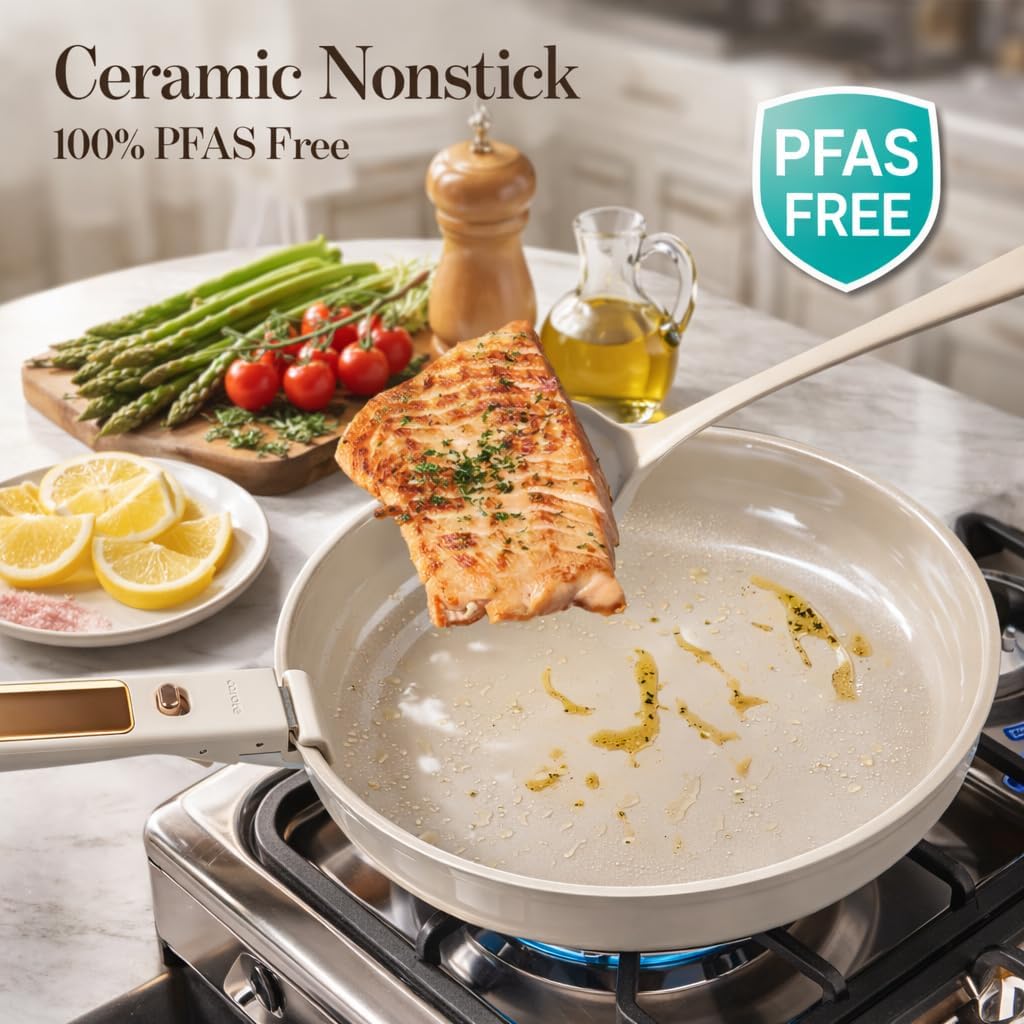 CAROTE 18Pcs Ceramic Cookware Set with Detachable Handle, Pots and Pans Set Non Stick, Non Toxic Cookware Set Removable Handles, Induction Kitchen Cookware Sets, Dishwasher/Oven Safe