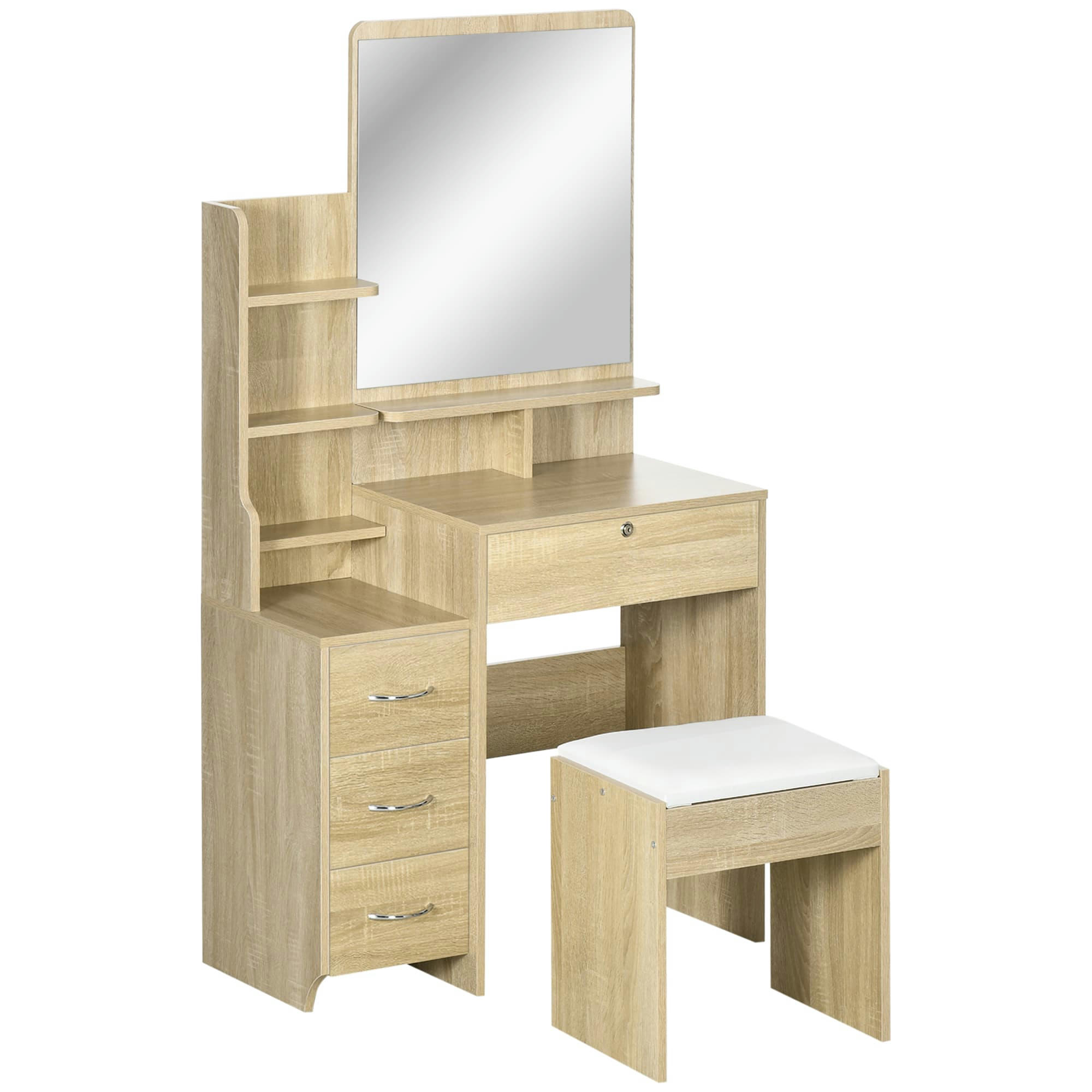 - Ensemble coiffeuse tabouret 4 tiroirs 4 étagères miroir bois clair