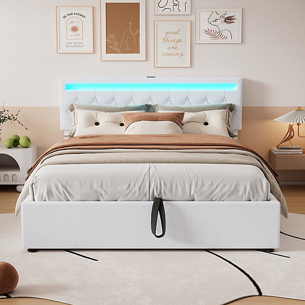 Lit 160x200 cm avec coffre hydraulique, eclairage LED multicolore avec telecommande, ports USB Type C, lin blanc