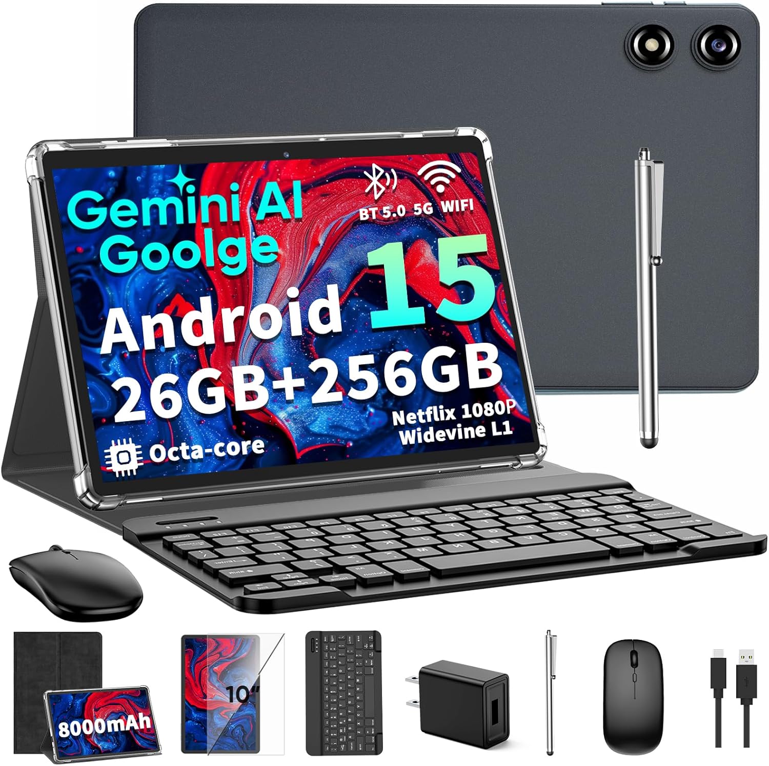 2026 10 Inch Android 15 Tablet with Keyboard, 26GB+256GB, 2TB Expand, Gemini AI Tablet PC with Octa-Core, 8000mAh, 5G WiFi, GPS, GMS, Widevine L1, 2 in 1 Tablets with Case, Mouse, Stylus (Black Case)