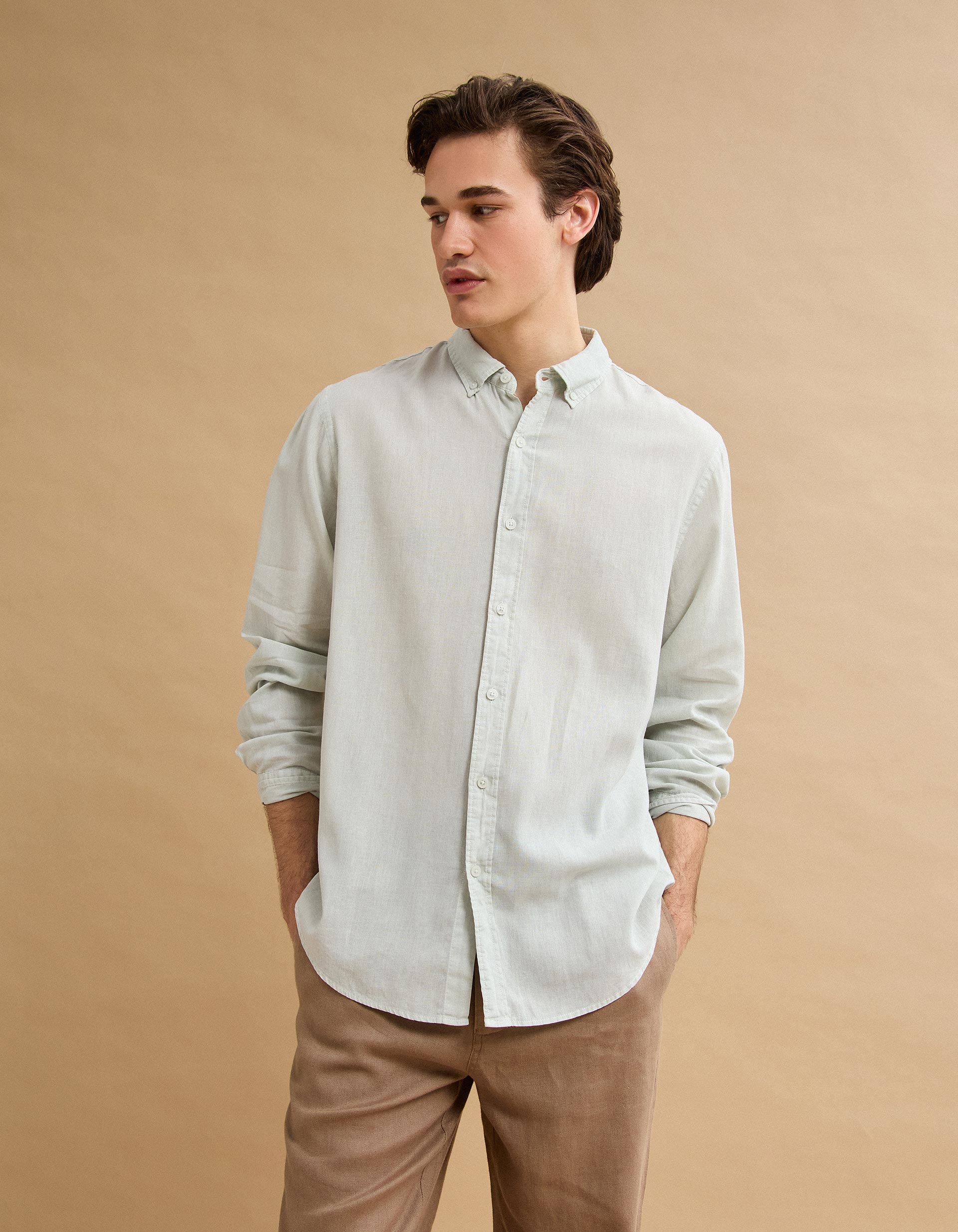 Camisa com Linho, Homem, Verde Claro