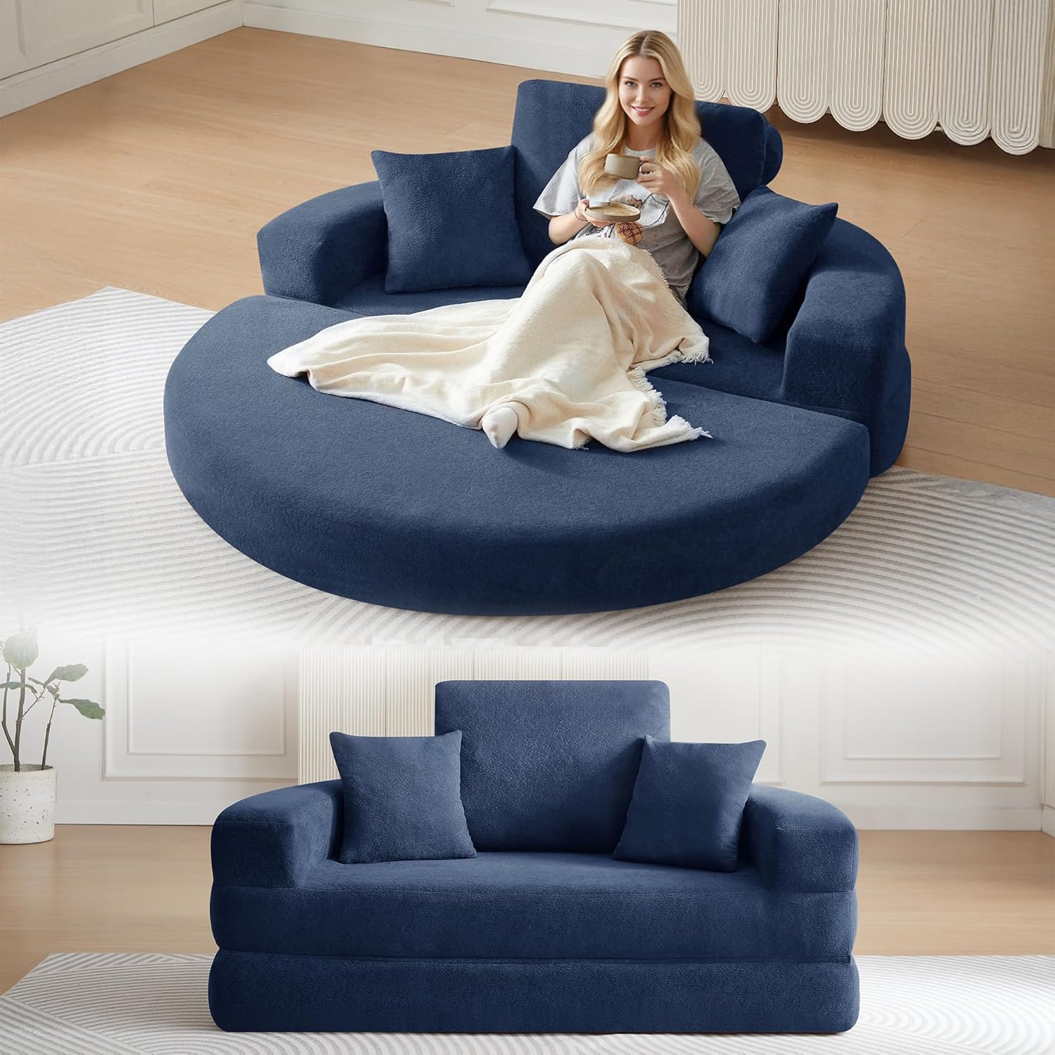 71 Boneless Couch Sofa Bed Oversized Round Couch 2-in-1 Foldable Floor Loveseat Sofa for Living Room and Apartment No Assembly.(Blue, 71)