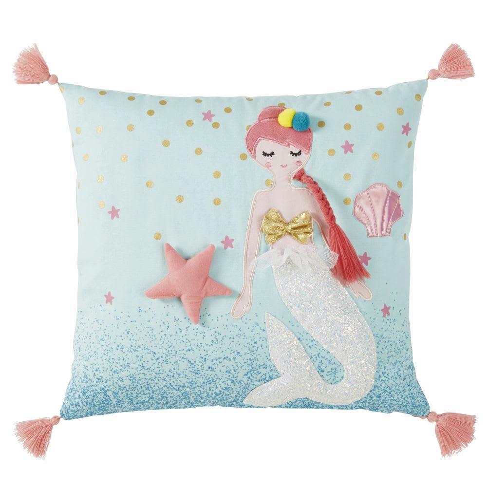 ROUSTINA - Coussin en coton vert imprimé à pompons 40x40