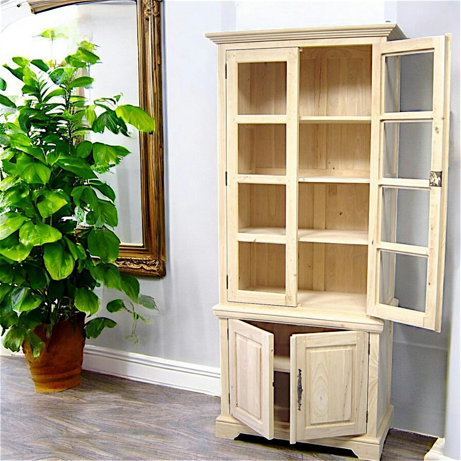 Bibliothèque vitrée 4 portes hévéa 90x45x205cm TRADITION