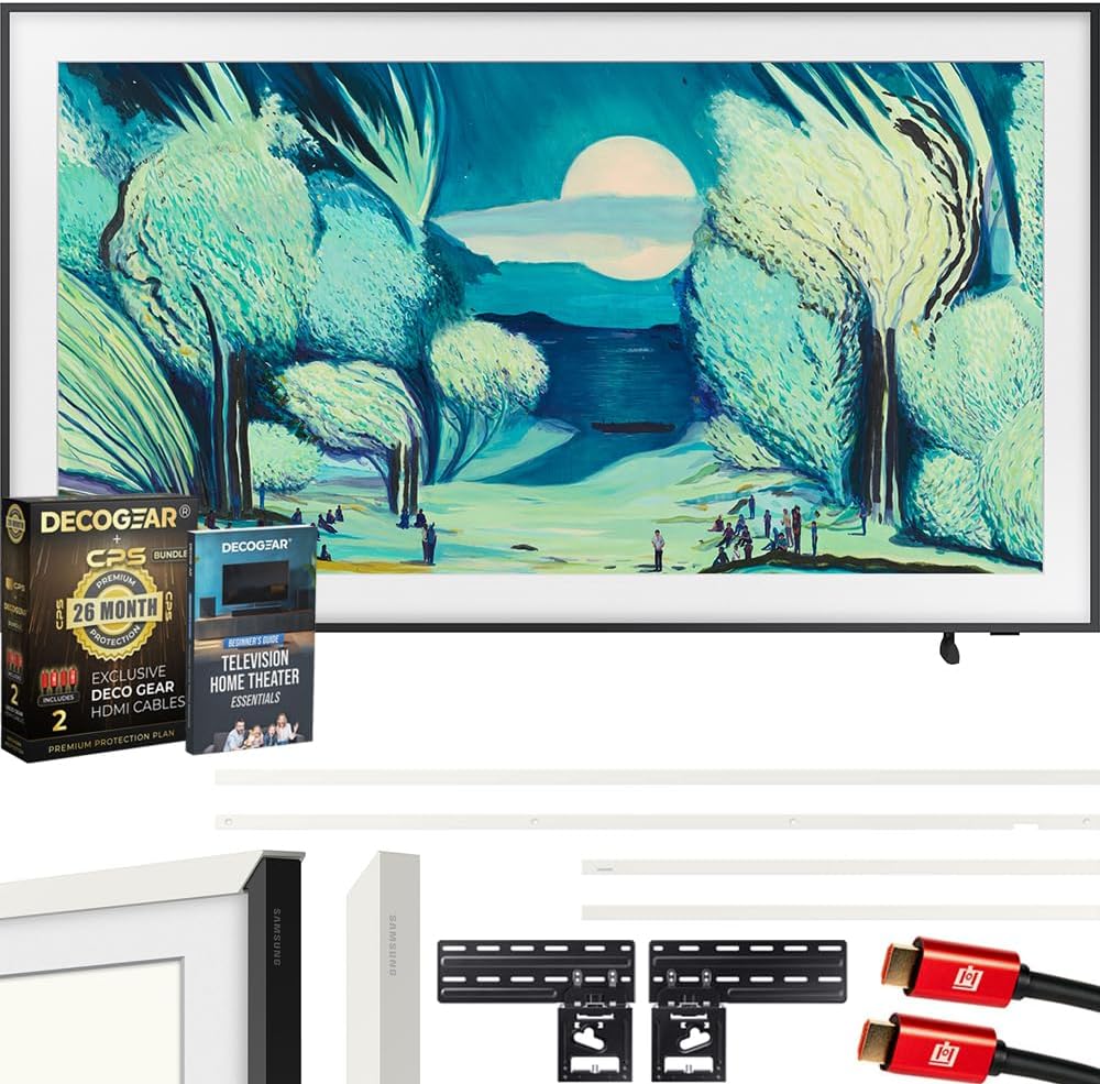 Samsung QN55LS03FA 55 The Frame QLED 4K AI TV (2025) Bundle with Modern White Bezel  CPS 26 Month Protection  Slim Flat Mount  2X HDMI Cables & Deco Gear Complete Home Theater Beginner's Guidebook
