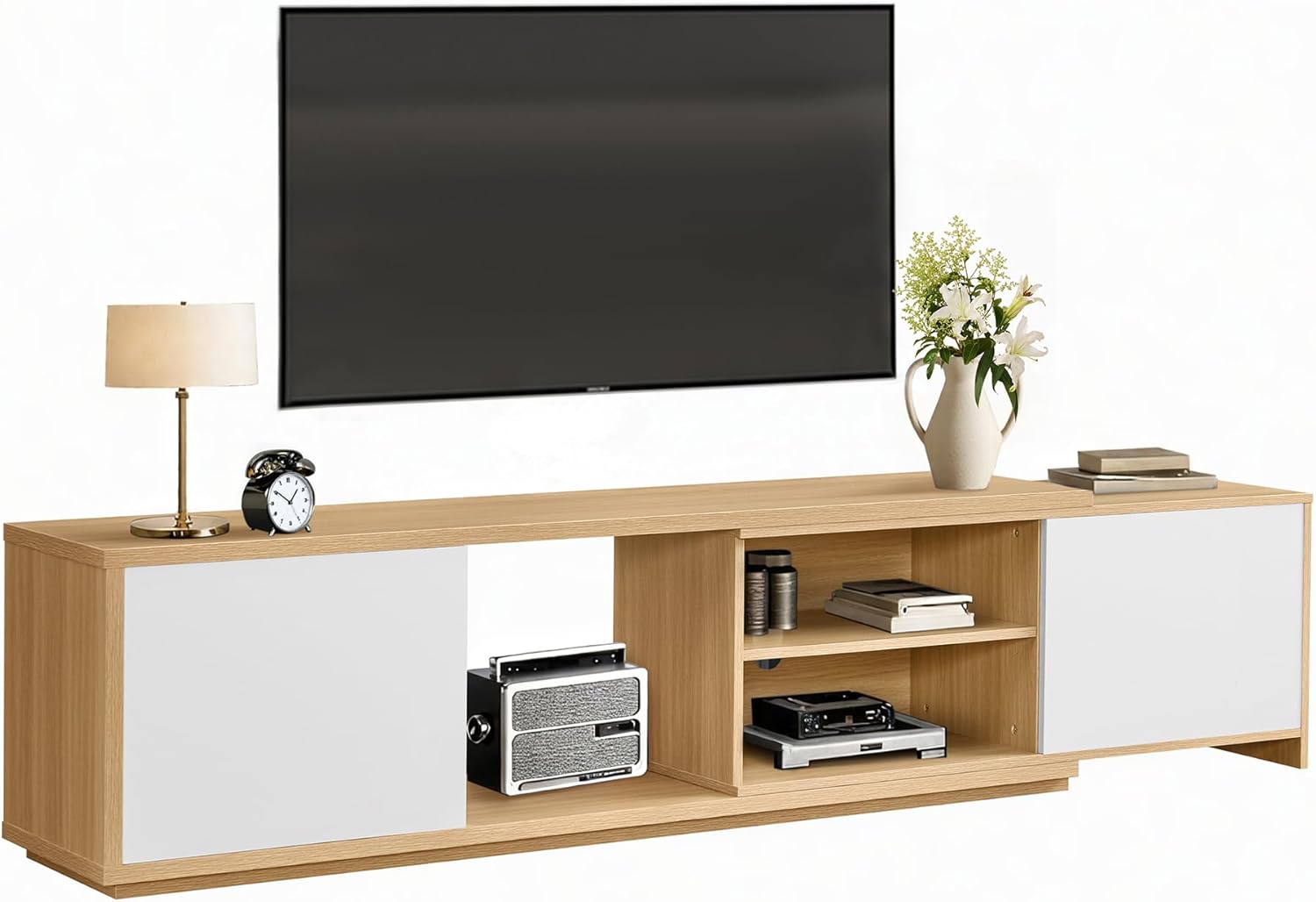 Extendable TV Stand for TVs up to 90,Modern Entertainment Center with Adjustable Shelf,Television Stand with 2 Storage Cabinets,Wooden TV Media Console for Living Room Bedroom Natural Oak
