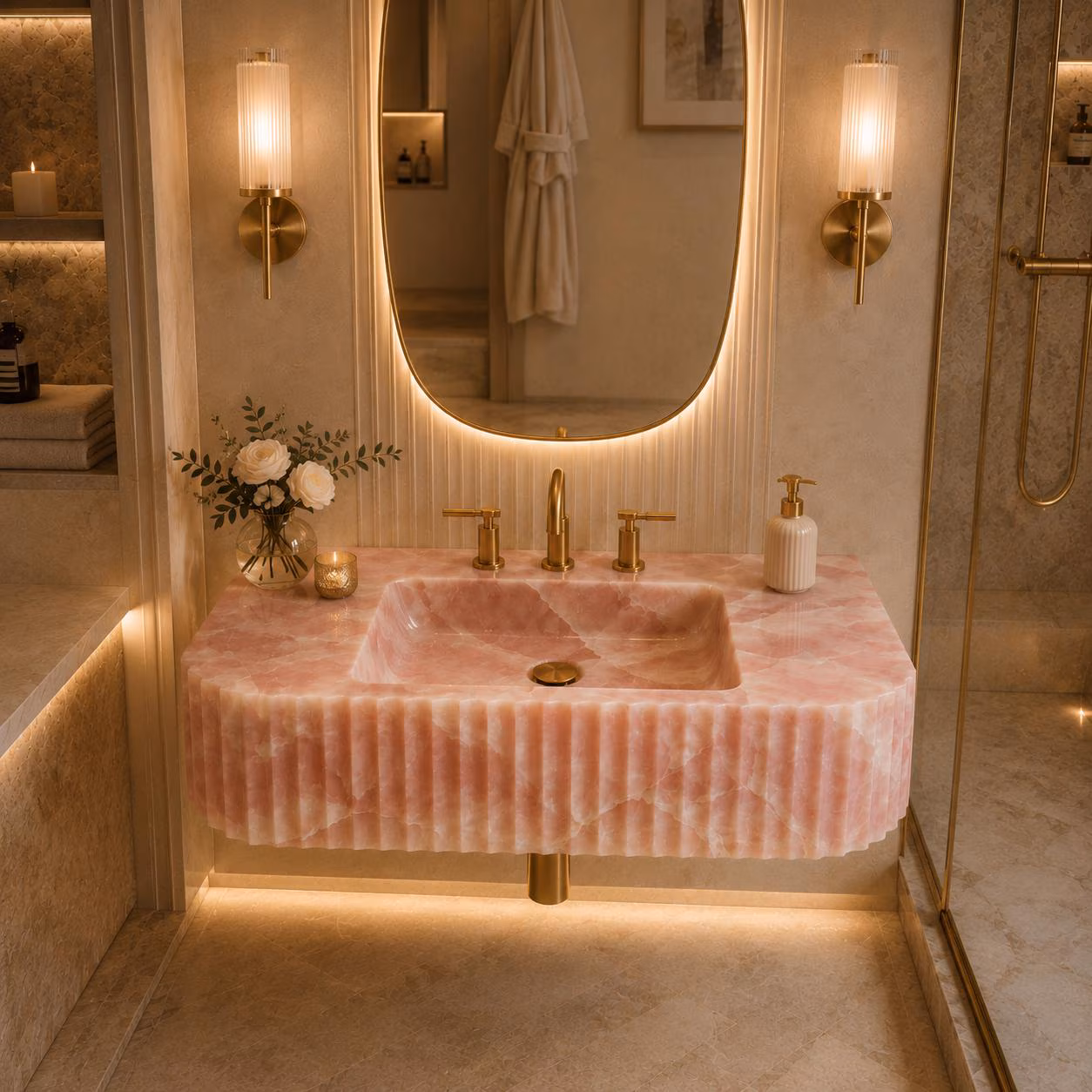 Pink Onyx Wall-Mounted Sink | Fluted Floating Stone Sink | Luxury Rose Onyx Bathroom Sink | Handcrafted Natural Stone Vanity