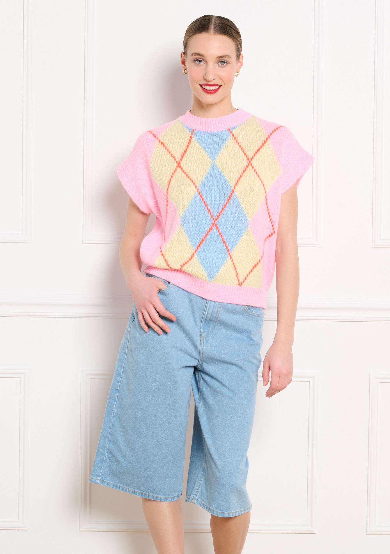 Korte mouwen trui met ruitmotief