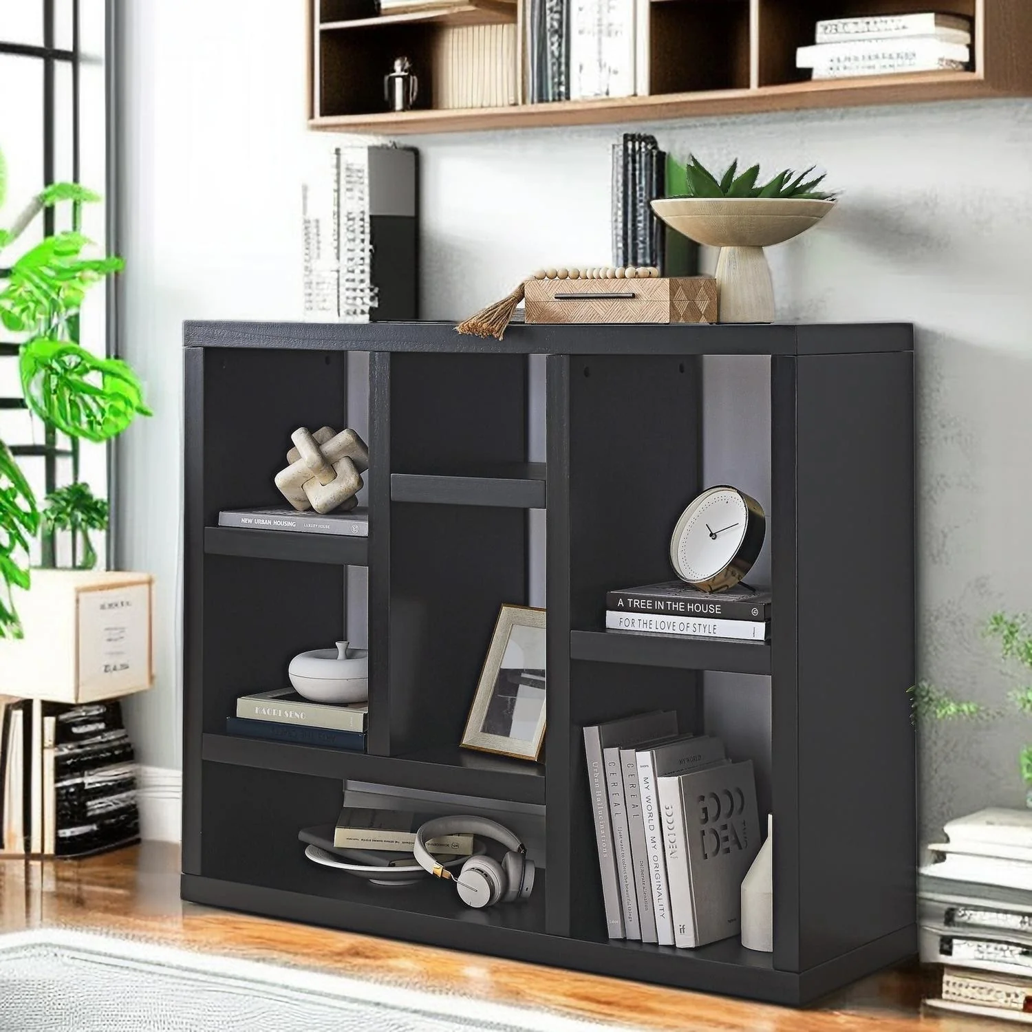 Solid Wood Bookcase Display Storage Cabinet with 7 Cube