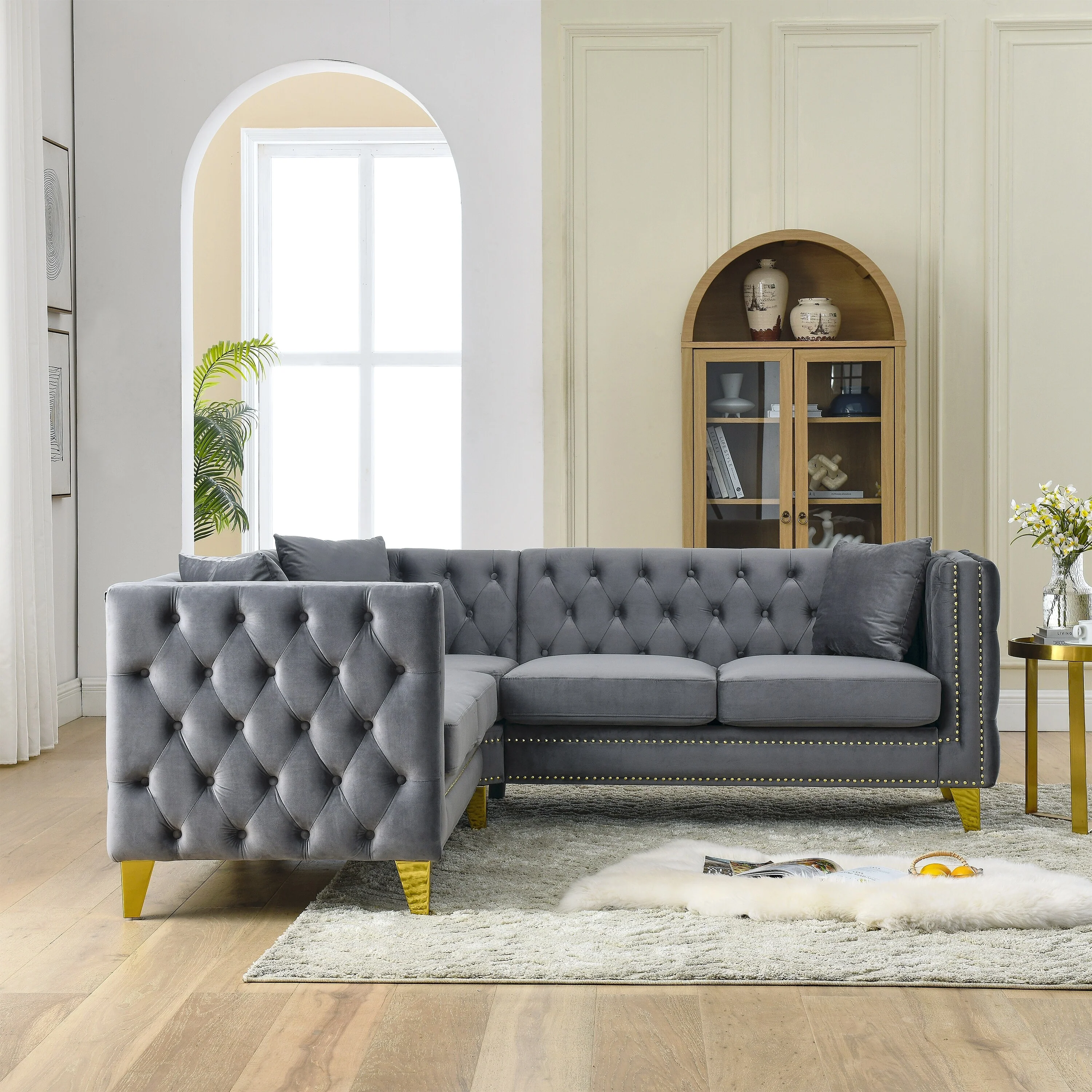 Grey 82.2'' Velvet 5-Seater L-Shaped Corner Sectional Sofa with Nailhead Trim, Metal Legs, and Foam Cushion