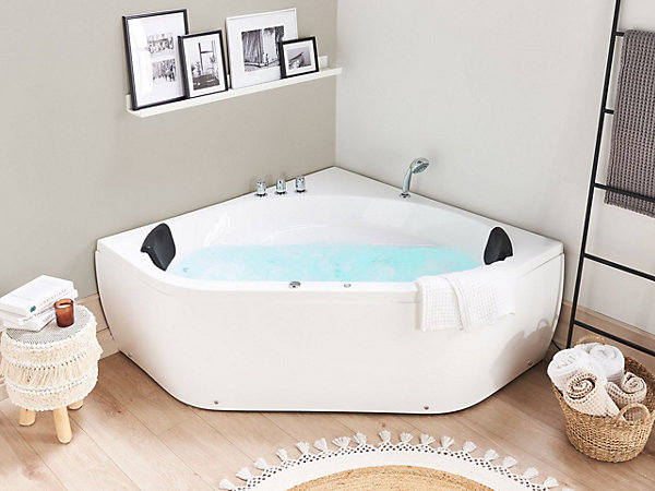 Baignoire d'angle à remous avec LED MEVES 140 x 140 cm Blanc