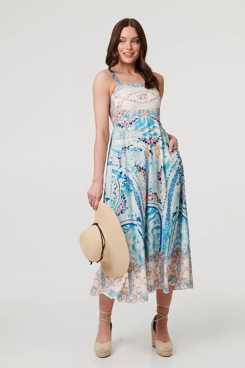 Izabel London Border Print Wide Strap Midi Sun Dress