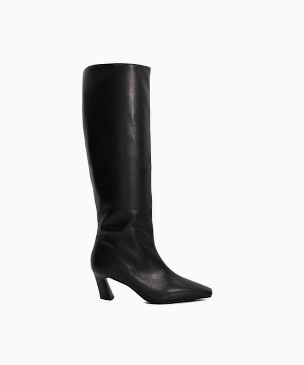 Selinni Black - Leather Flared Heel Knee High Boots