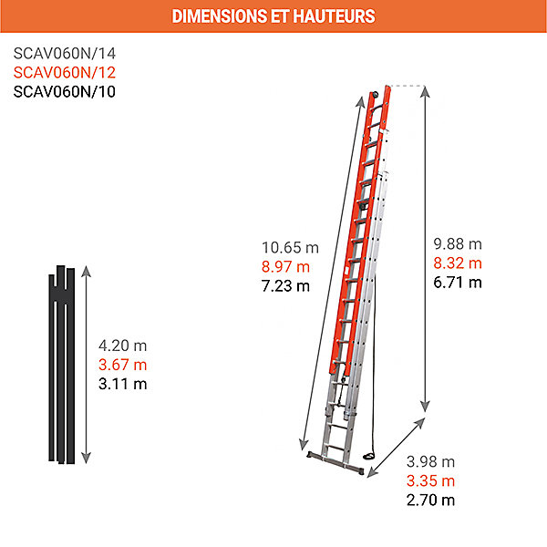 Echelle coulissante 12x3 barreaux - Hauteur à atteindre 8.32m - SCAV060N/12