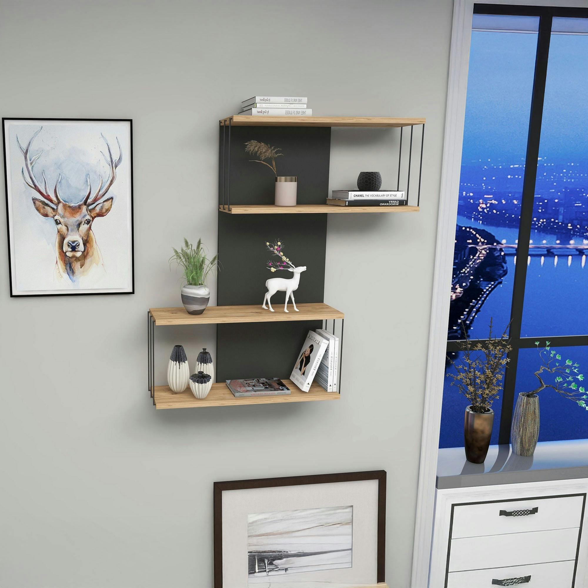 Etagère murale moderne effet bois & gris - 2 niches JENA