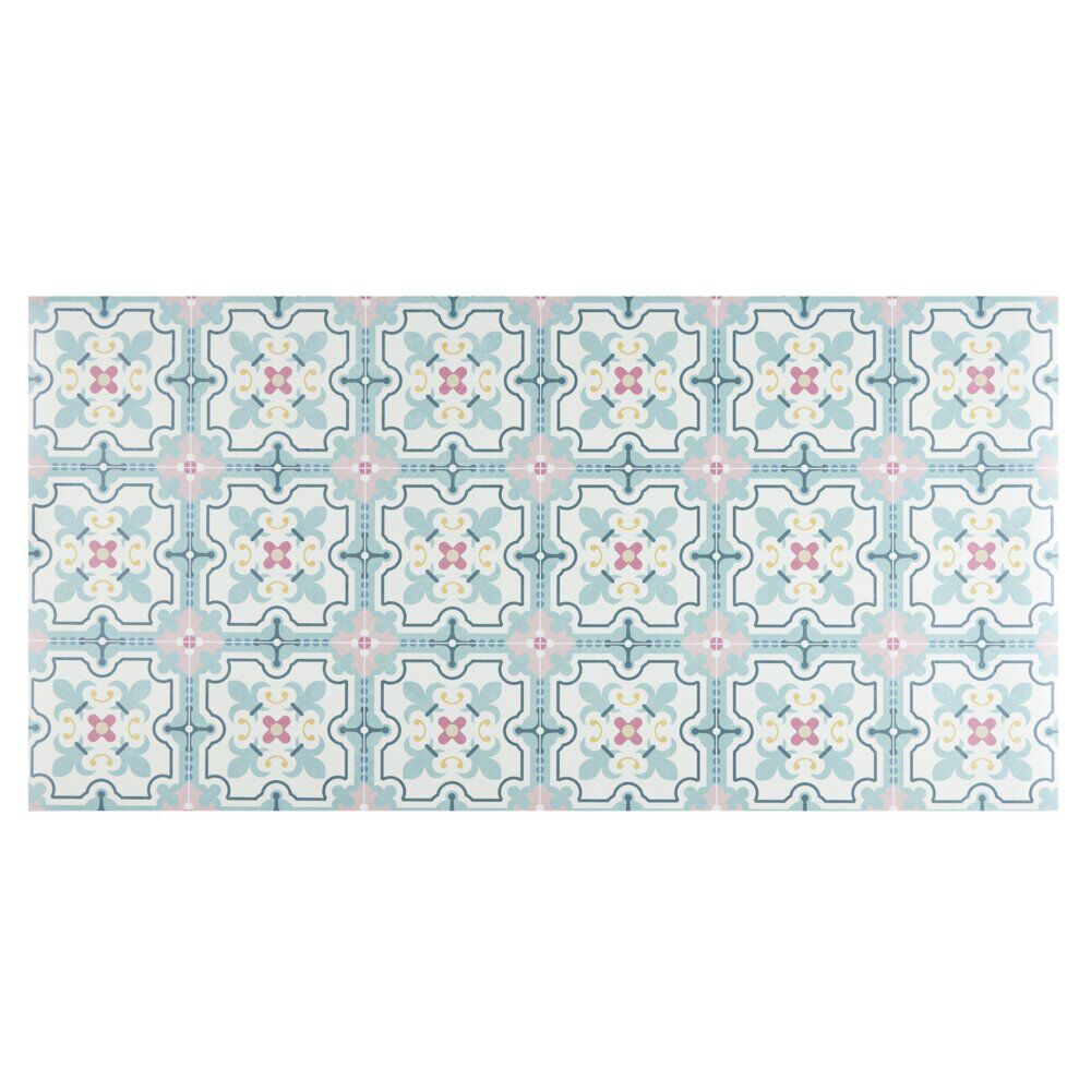 Tapis vinyle rectangulaire motif carreau de ciment beige et bleu 50x100cm