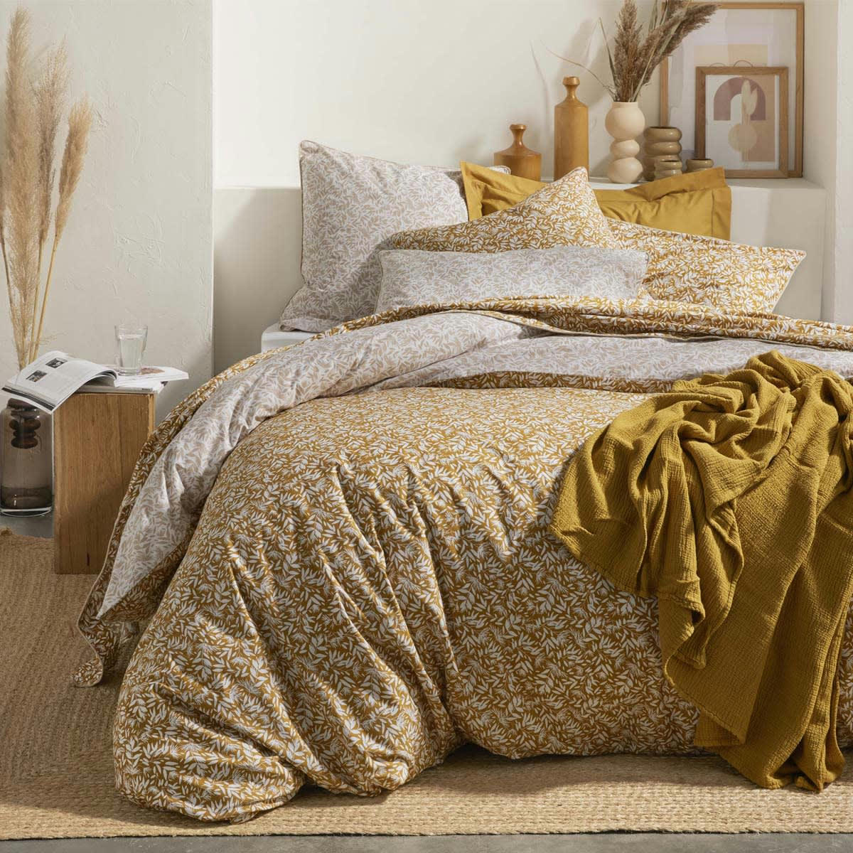 OMBRAGE - Housse de couette imprimée en percale de coton ocre 240x220