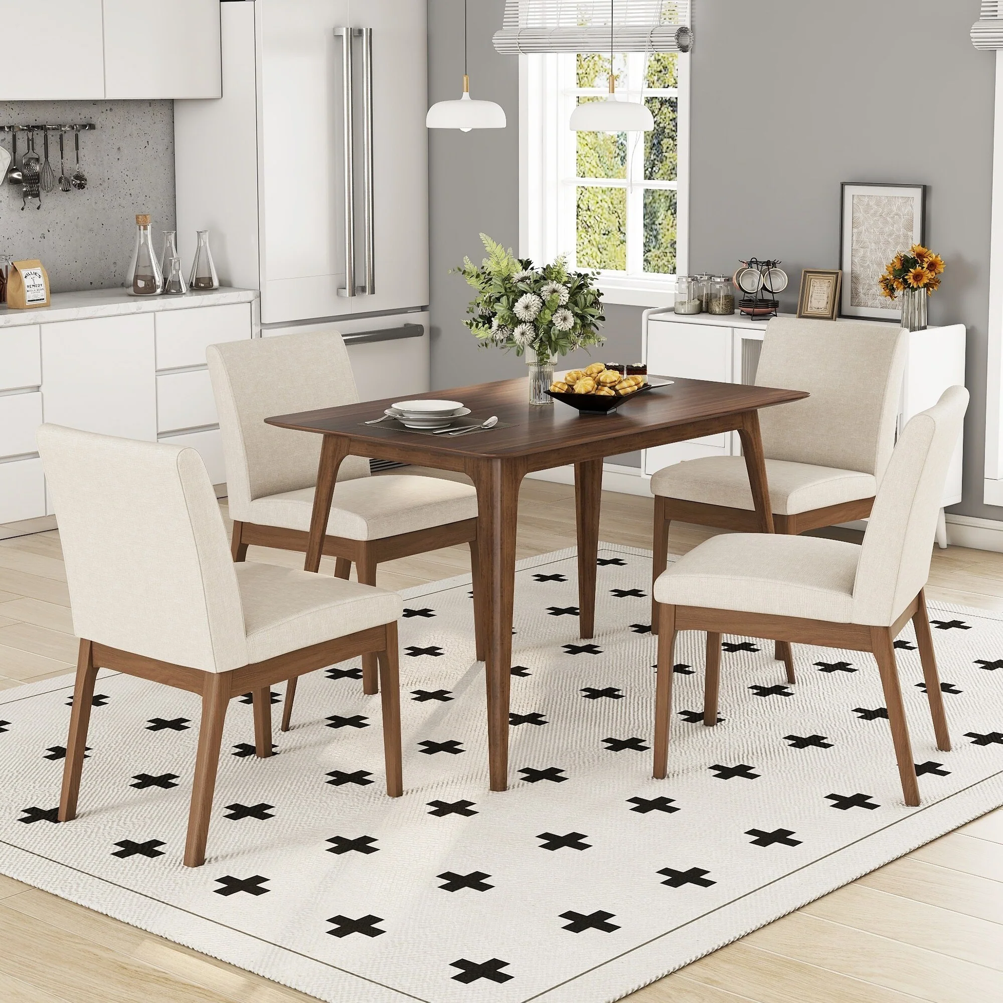 5-Piece Dining Table Set with Faux Wood Tabletop and 4 Upholstered Chairs, Kitchen Dining Chair with Splayed Legs
