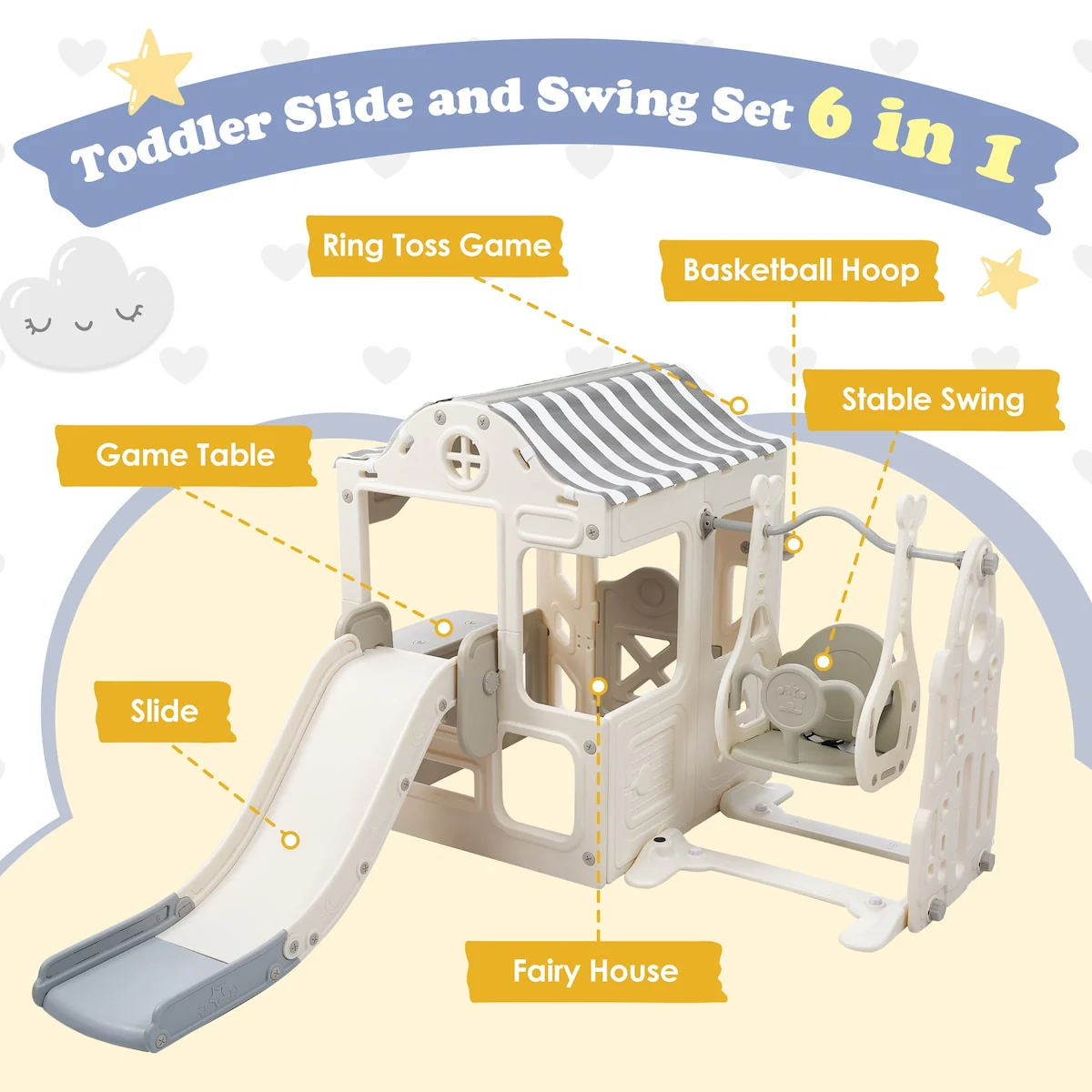 6 in 1 Toddler Slide and Swing Set, Kids Playground Climber Slide Playset with Fairy House, Freestanding Slide for Babies