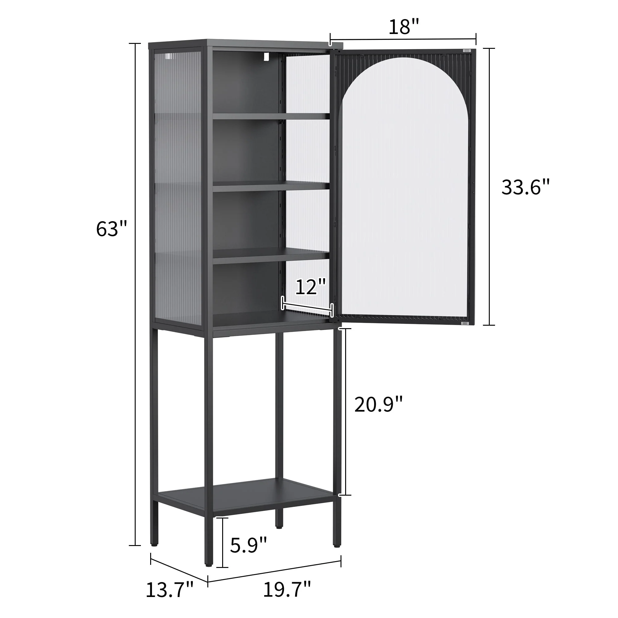 Metal Glass Door Display Storage Cabinet - 5-Tier Cube Bookshelf Storage Cabinet with 3 Adjustable Shelves
