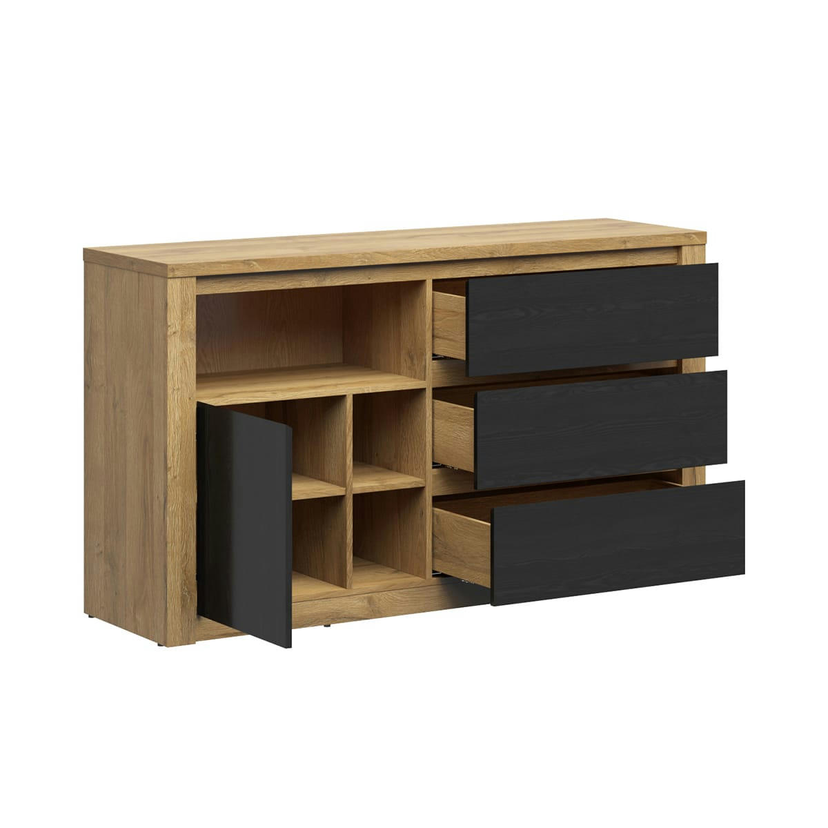 - Buffet 1 porte 3 tiroirs stratifiés stratifié naturel et noir