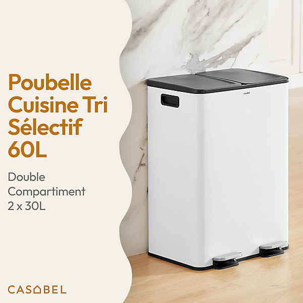 CASABEL Poubelle Tri Selectif 60L, 2x30L Acier INOX BLANC, Double Compartiments, Pedale, Bacs Amovibles, Couvercles Silencieux