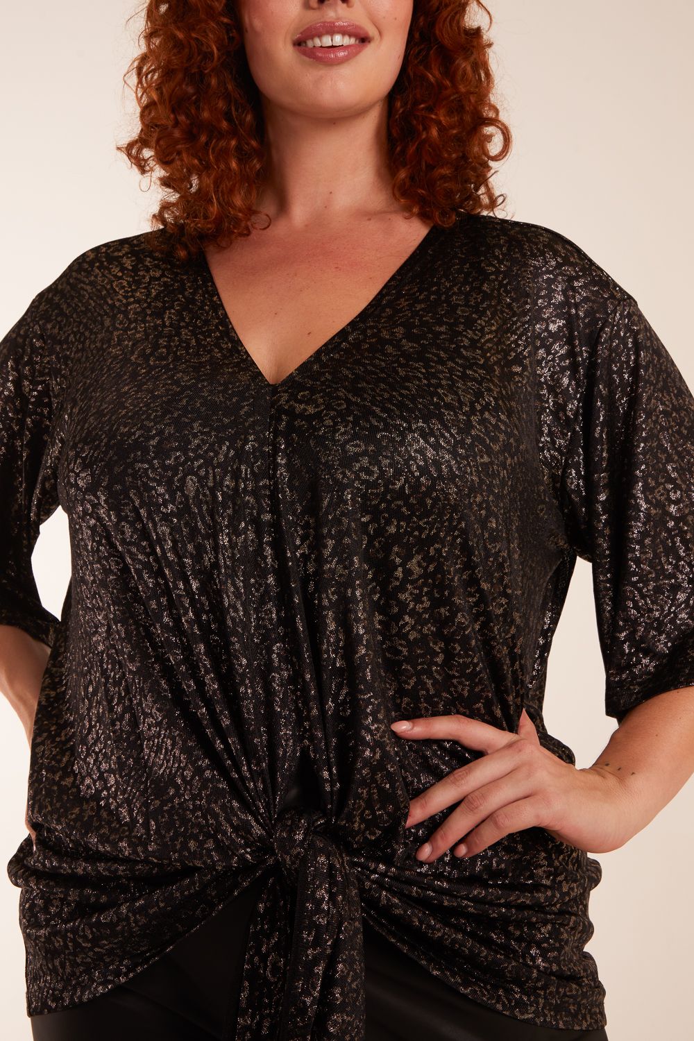 Blue Vanilla Curve Leopard V Neck Tie Front Top