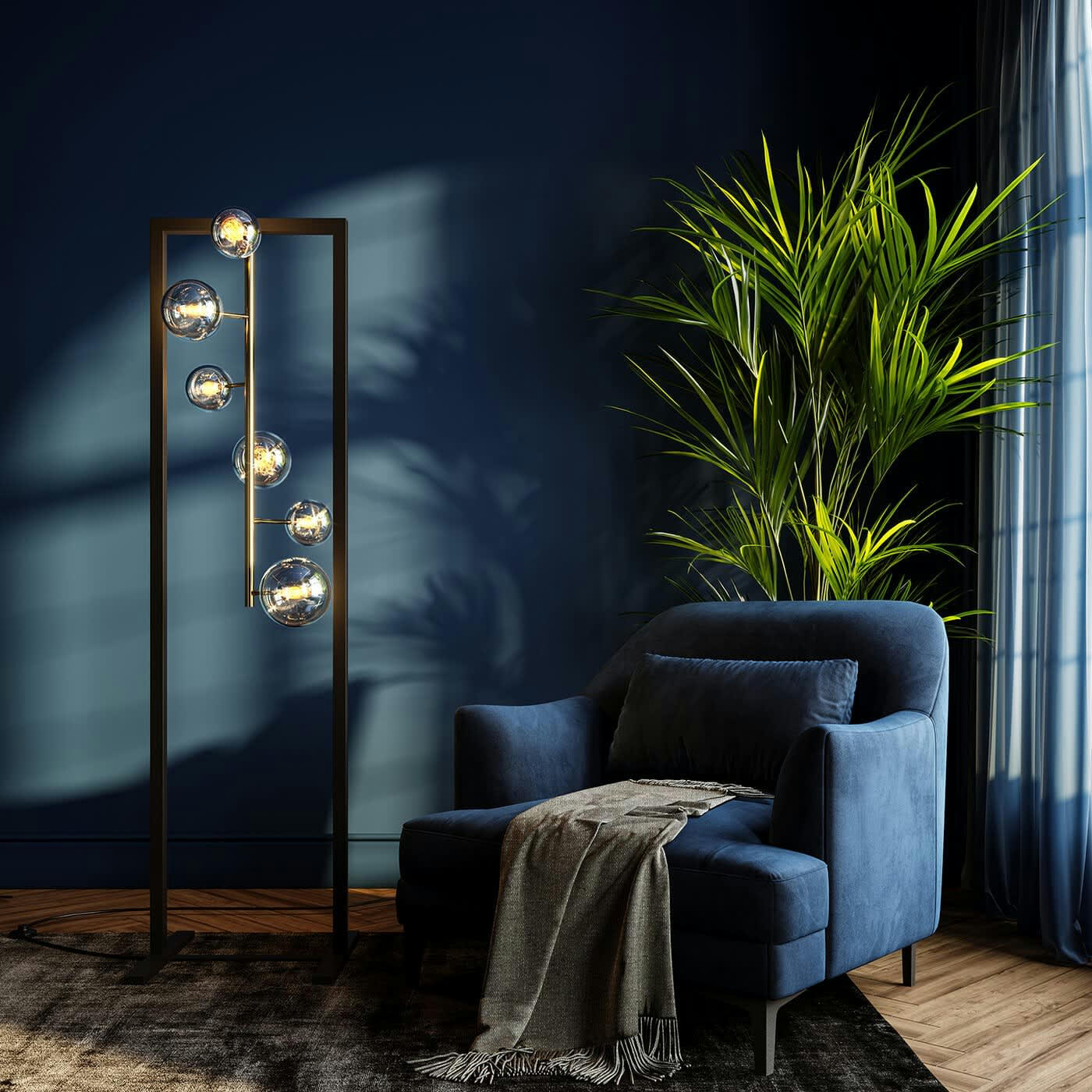 - Lampadaire en acier 6 abat-jours en verre H160