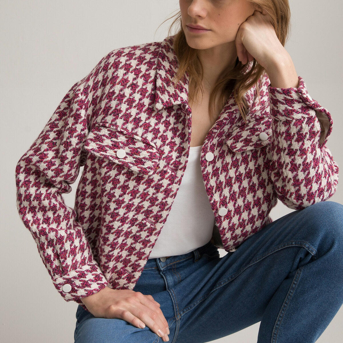 Veste boutonnée, à carreaux pied-de-poule