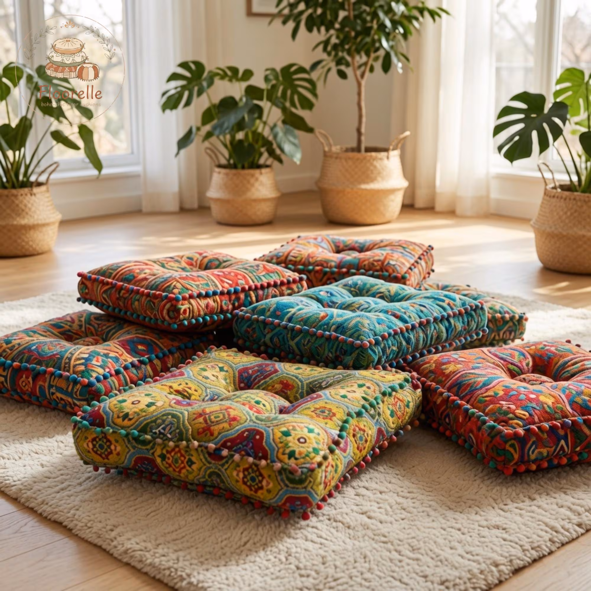 Bohemian Chair Cushion with Tassels, Soft Floor Seat Cushion, Embroidered Dining Chair Pad, Cozy Floor Pillow for Home Decor