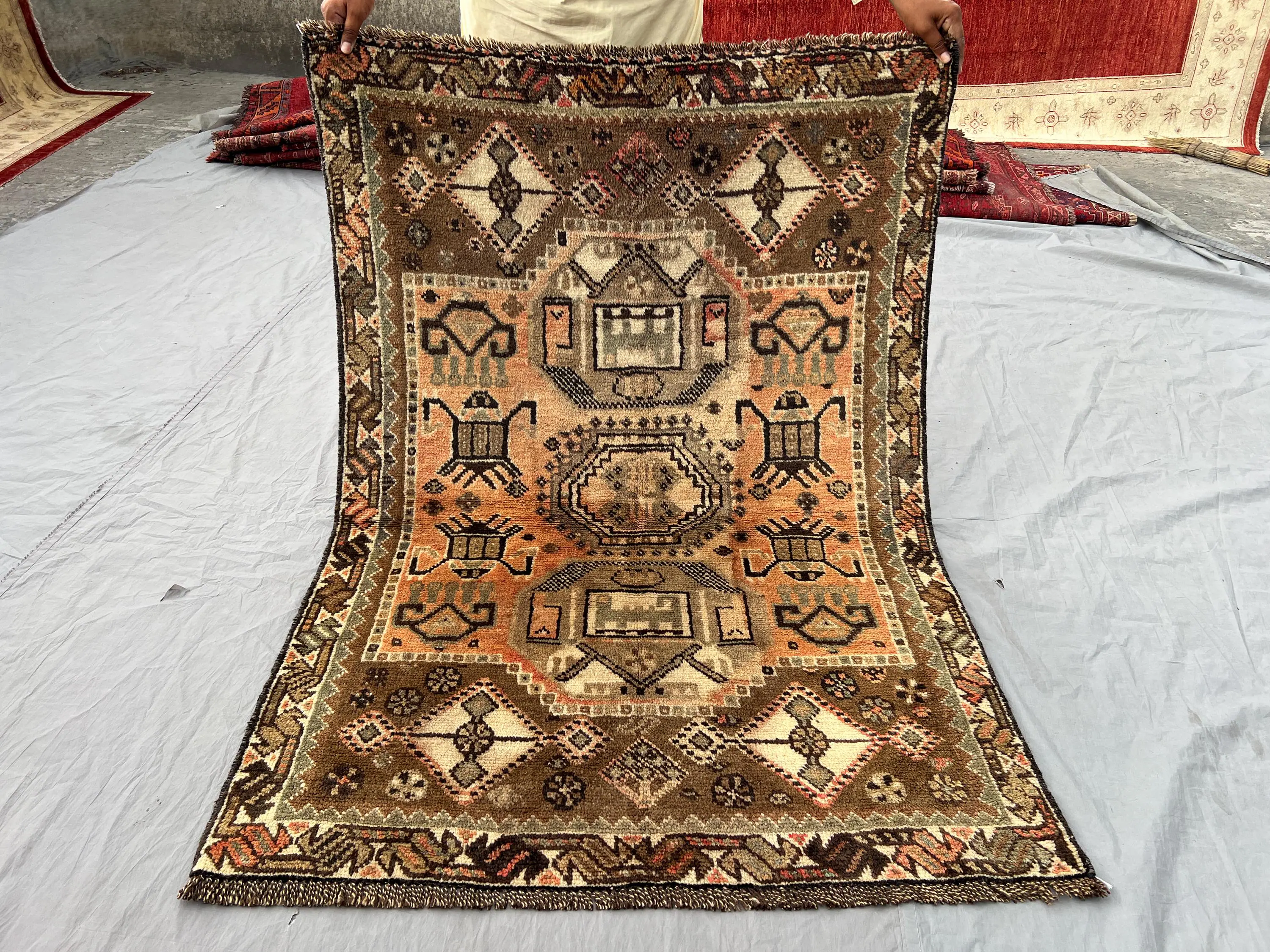 4x5 Antique Terracotta Faded Afghan Rug, Tribal Hand-Knotted Wool Turkmen Rug, Rare Vintage Tribal Carpet, Soft Pile, Nomadic Decor Rug