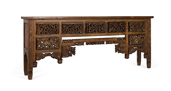 Console en bois de teck avec 5 tiroirs et pieds sculptés à la main